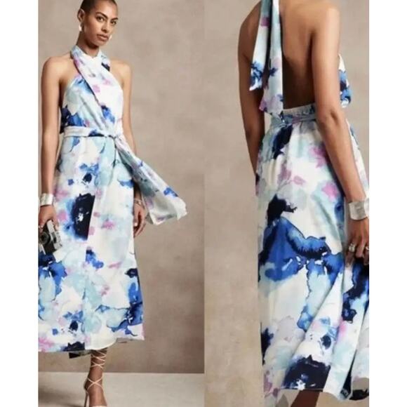 Banana Republic Halter Maxi Dress Blue Purple Watercolor Sz XL Backless Evening - Picture 8 of 13